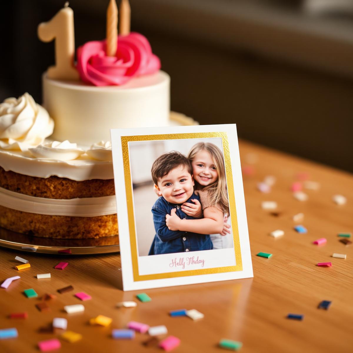 Custom birthday photo print with the guest of honor's details and a gold border