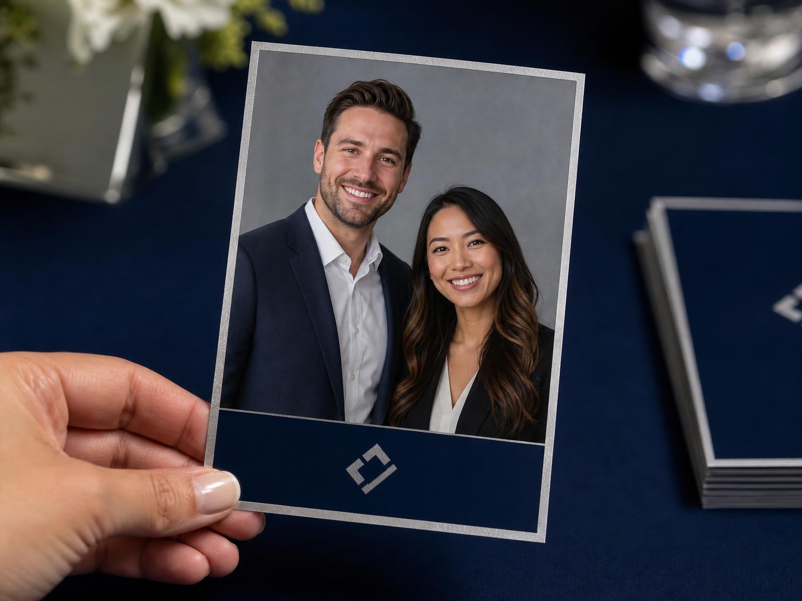 A branded 4x6 corporate print showing two colleagues, with a company mark on the lower band