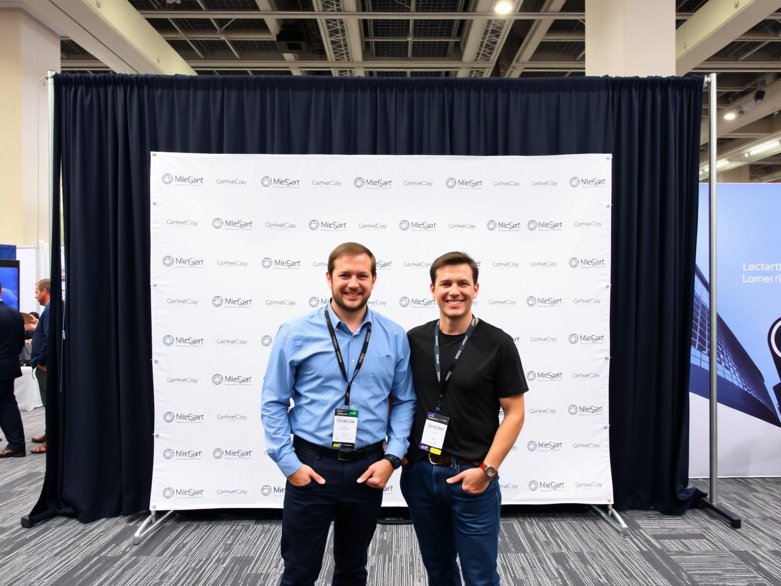 Two attendees with lanyards posing at a branded step-and-repeat backdrop in a trade show booth