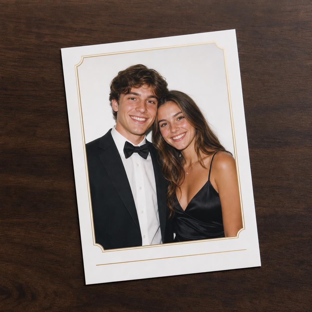 Custom chapter keepsake photo print with a gold border on a dark wood table