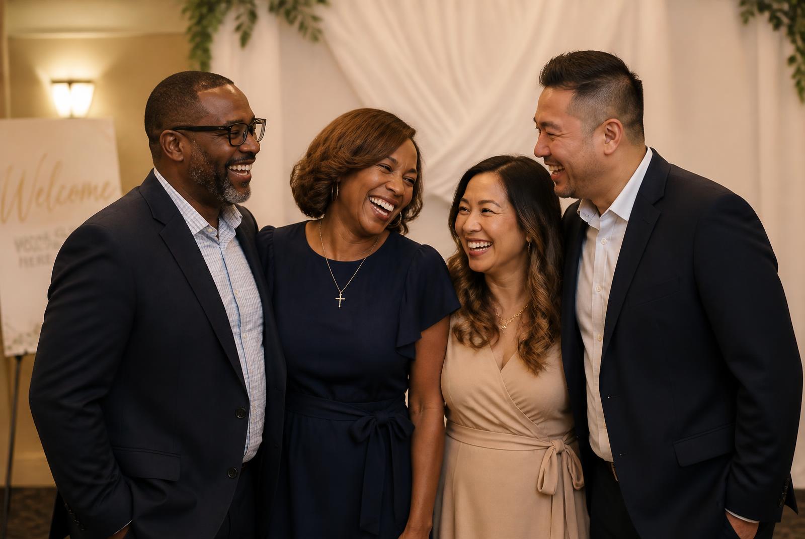 A small family posing together after a church gathering