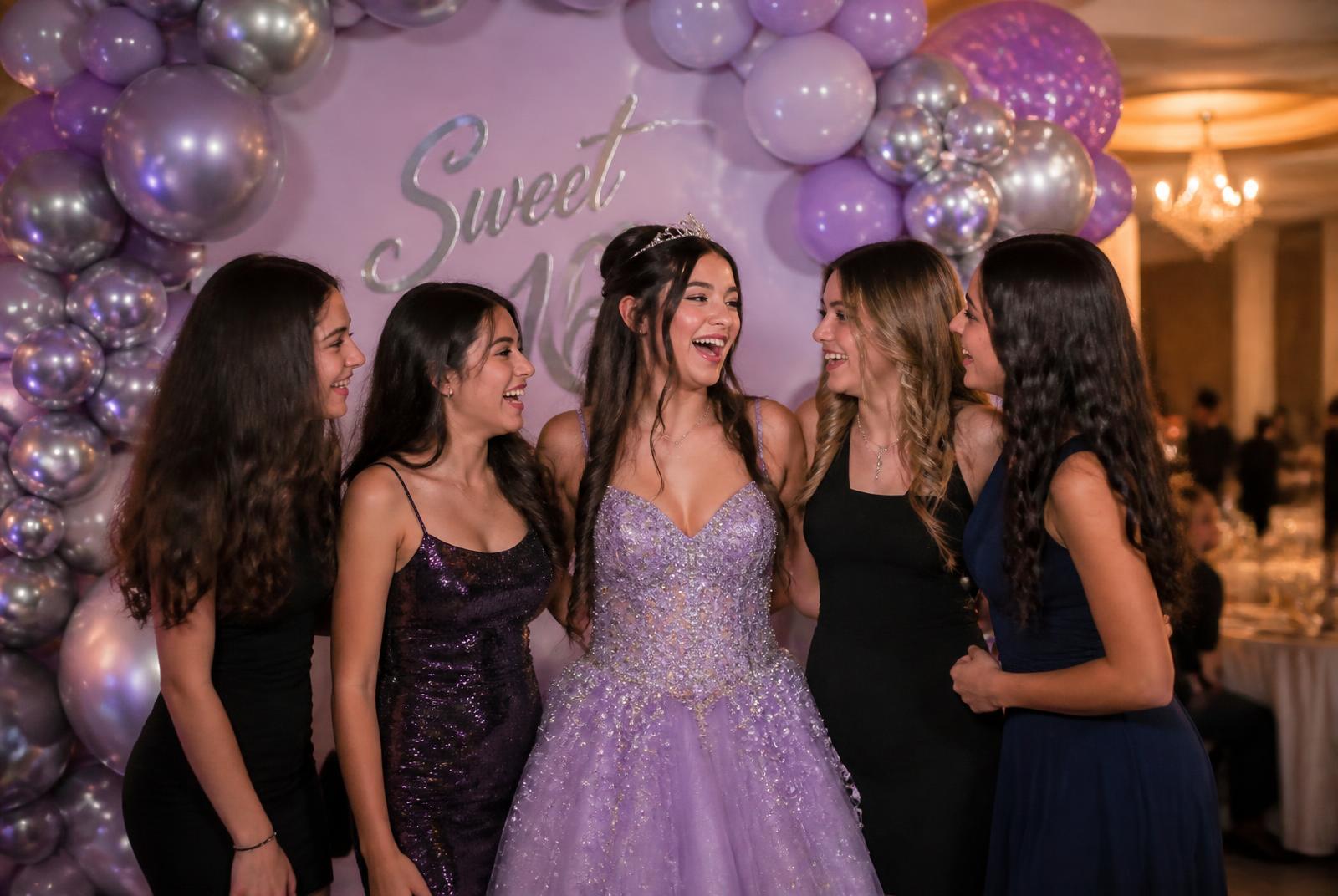 A Sweet 16 guest and her friend in front of a flower wall