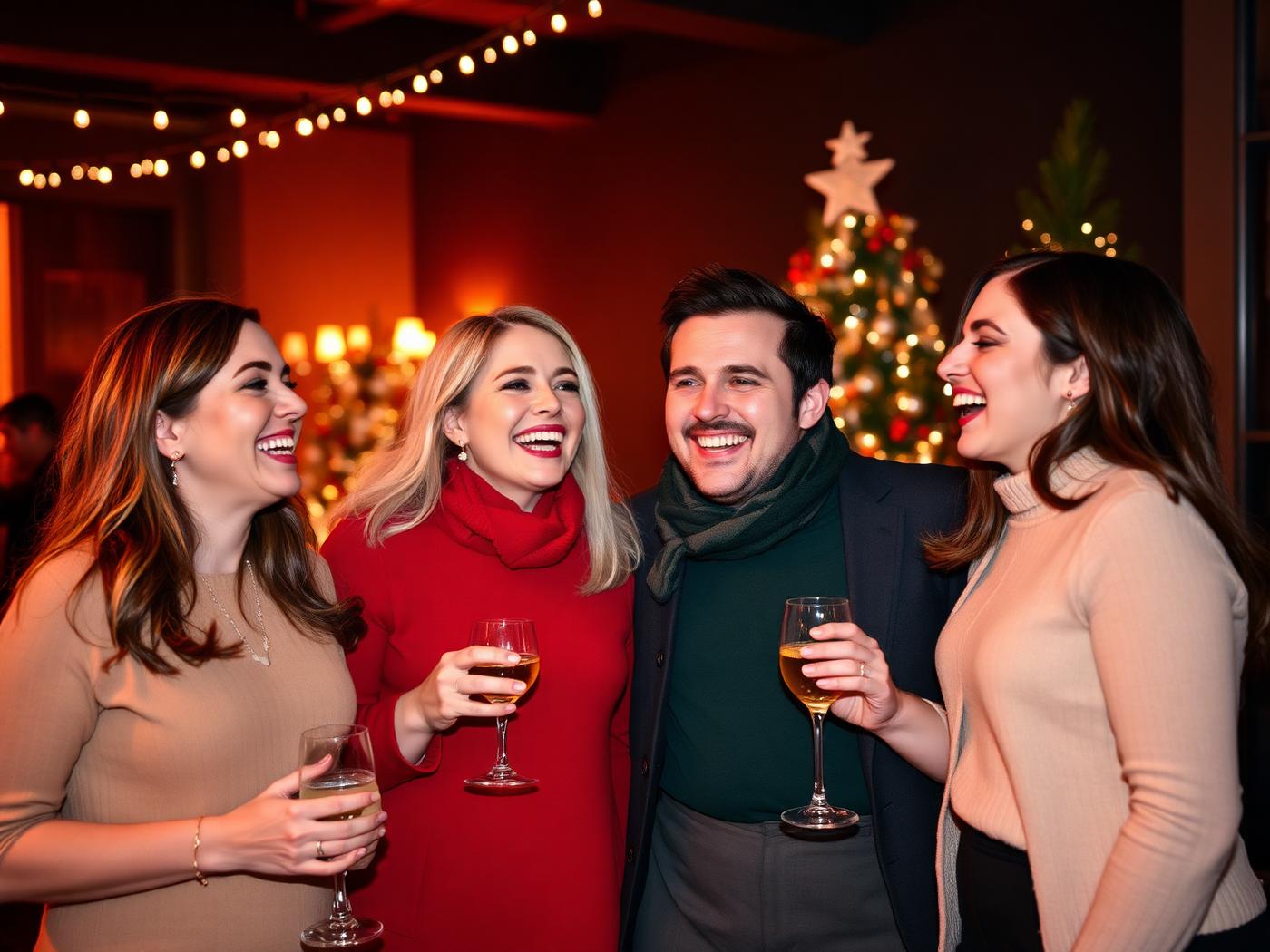 Small group of colleagues laughing together at a holiday office celebration
