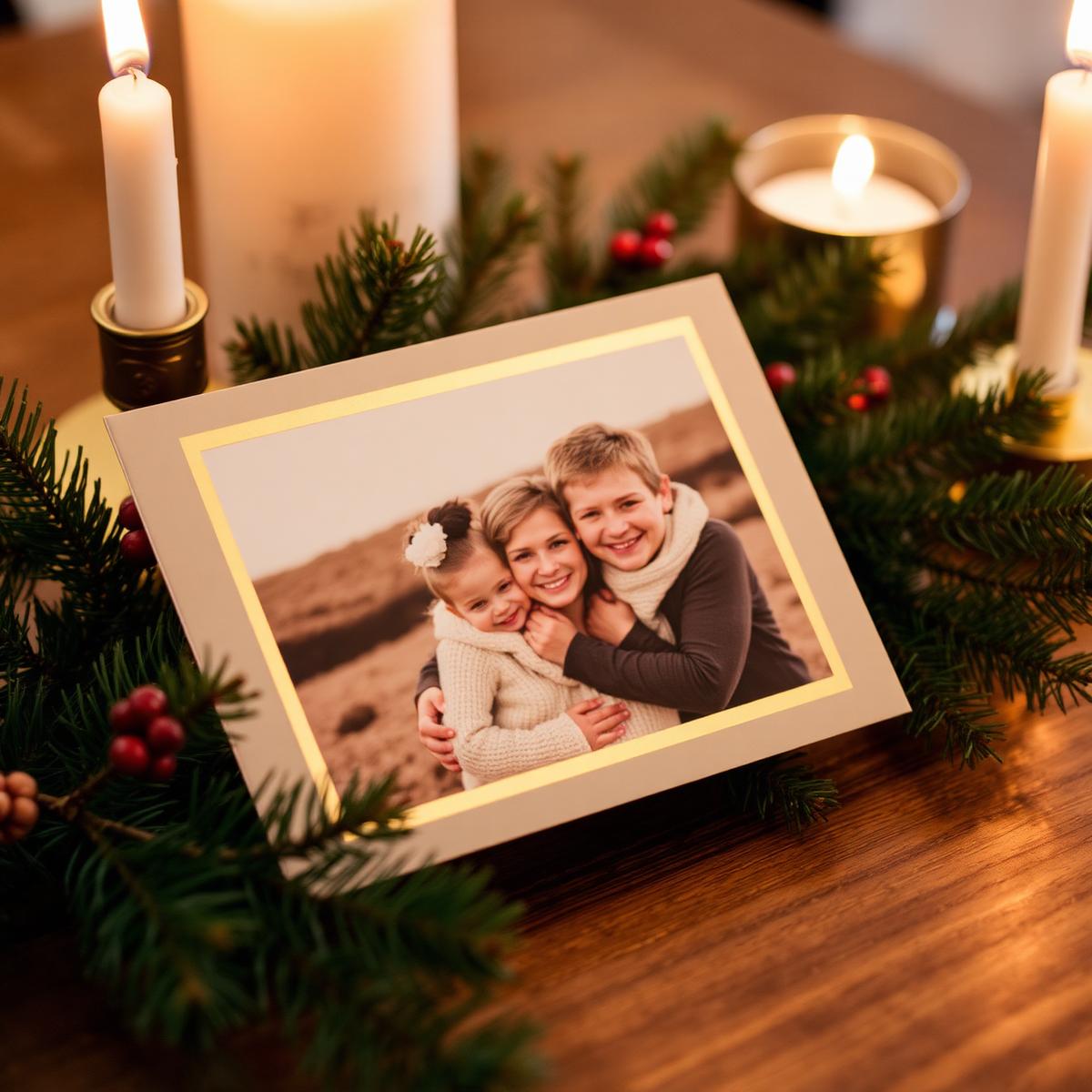 Custom holiday photo print with the event name and a gold border