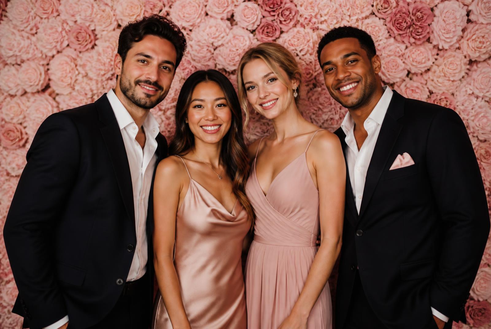 Four friends in cocktail attire posed together for a portrait in front of a blush rose flower wall