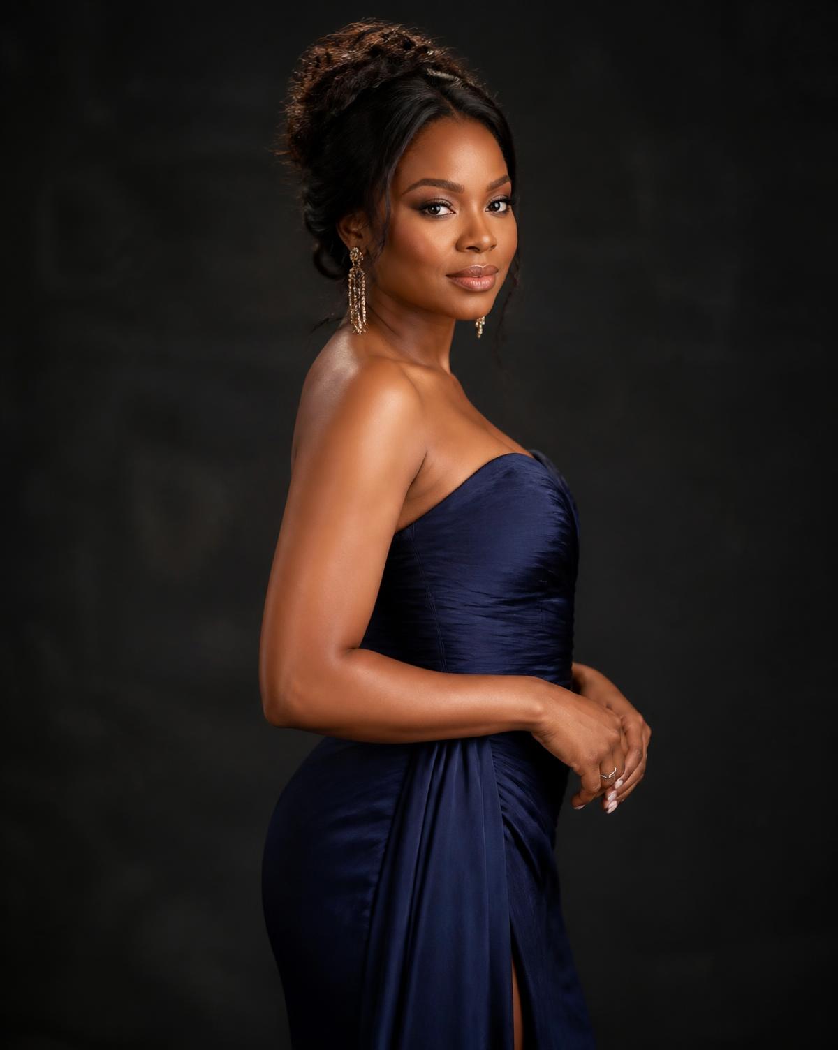 Elegant single portrait of a guest in a formal gown taken at the Portrait Station
