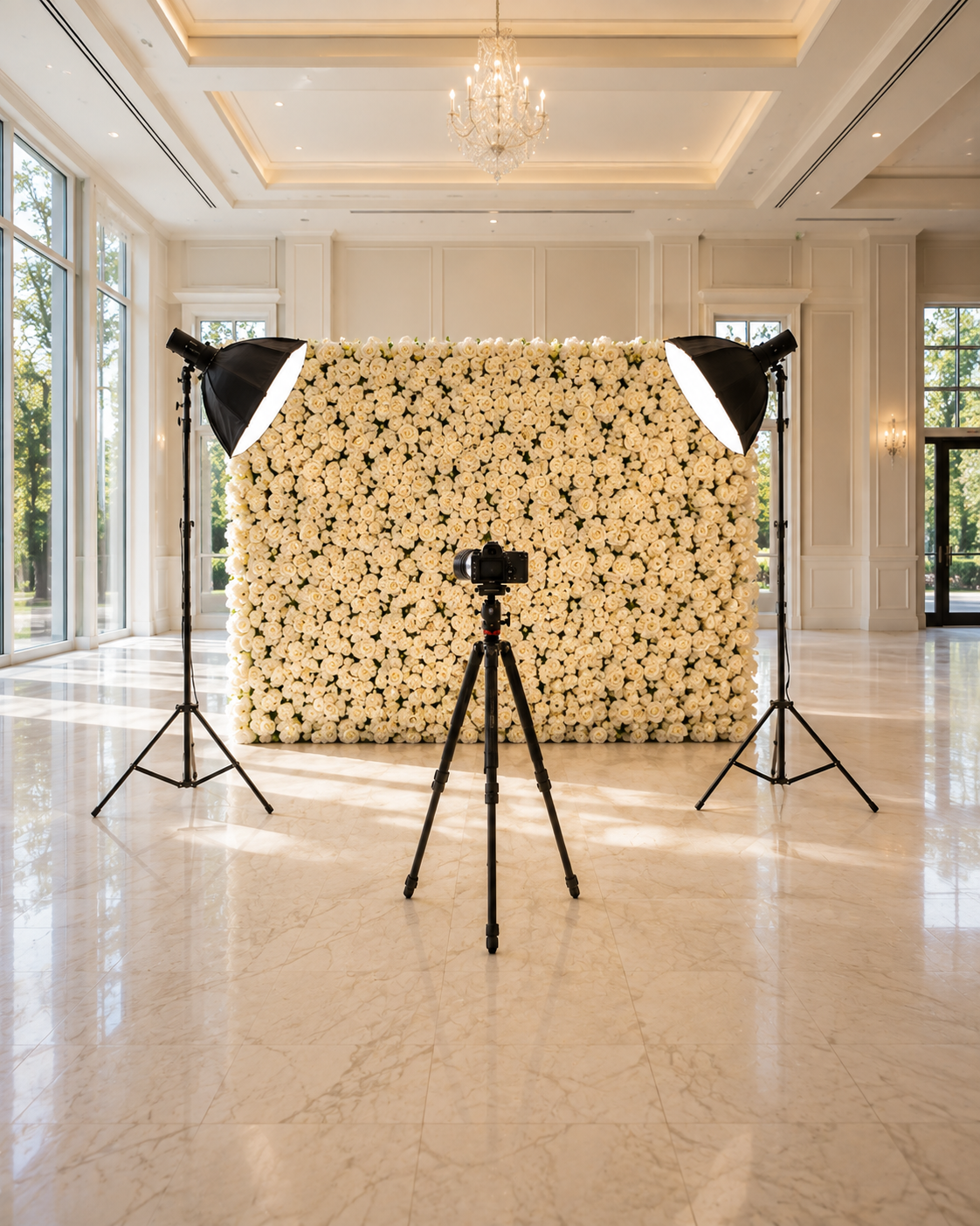 Portrait station with studio lighting and a professional camera