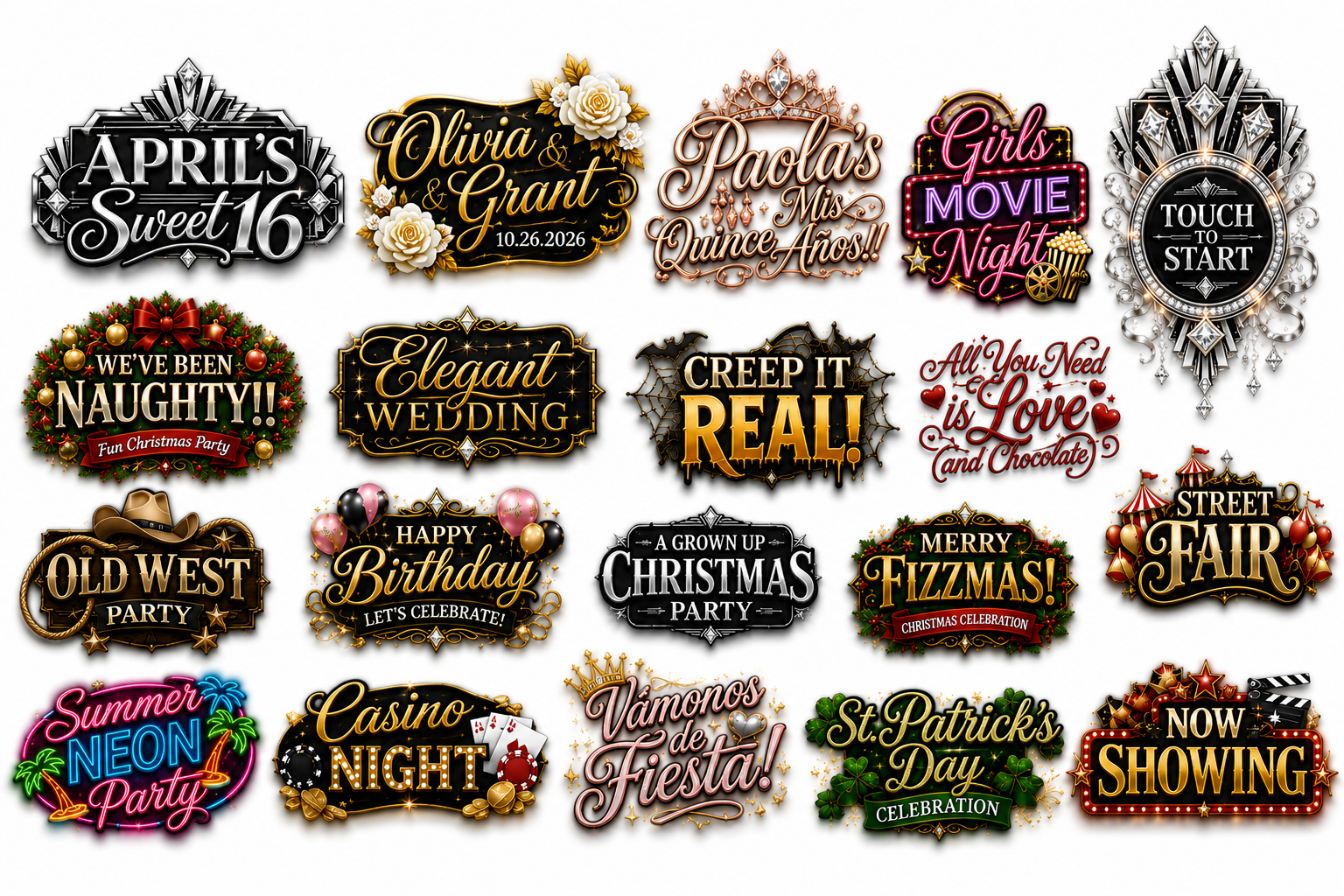 Collection of custom event typography designs created for weddings, birthdays, holidays, Quinceañeras, Sweet 16 celebrations, corporate events and seasonal celebrations.