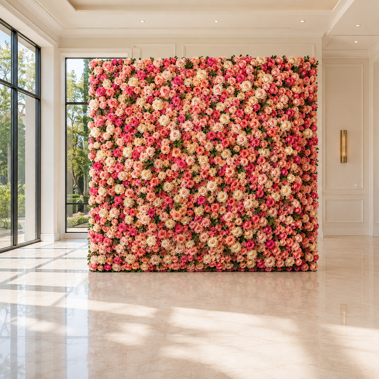 Blush rose flower wall of soft pink and ivory blooms standing in a bright event space