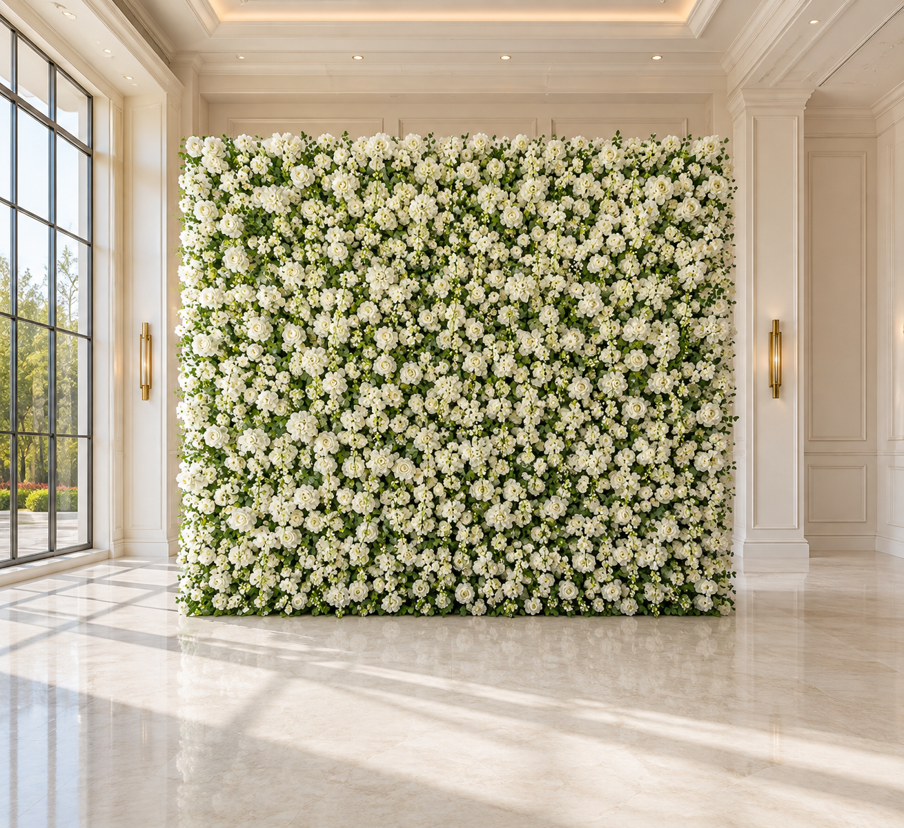 Traditional white flower wall accented with green eucalyptus greenery in a reception hall