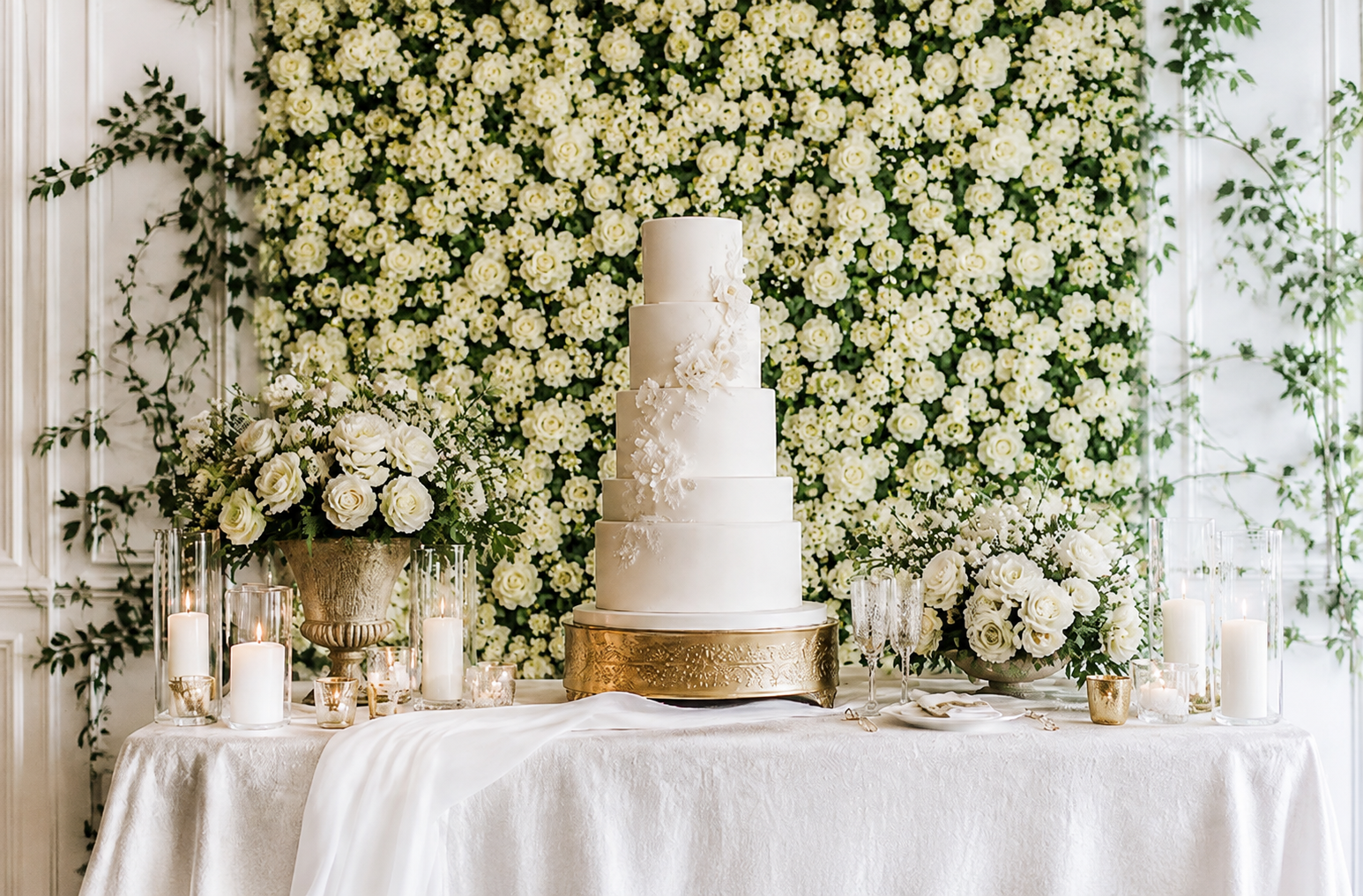 Tiered white wedding cake on a gold stand, surrounded by candles and white florals, in front of a white and greenery flower wall
