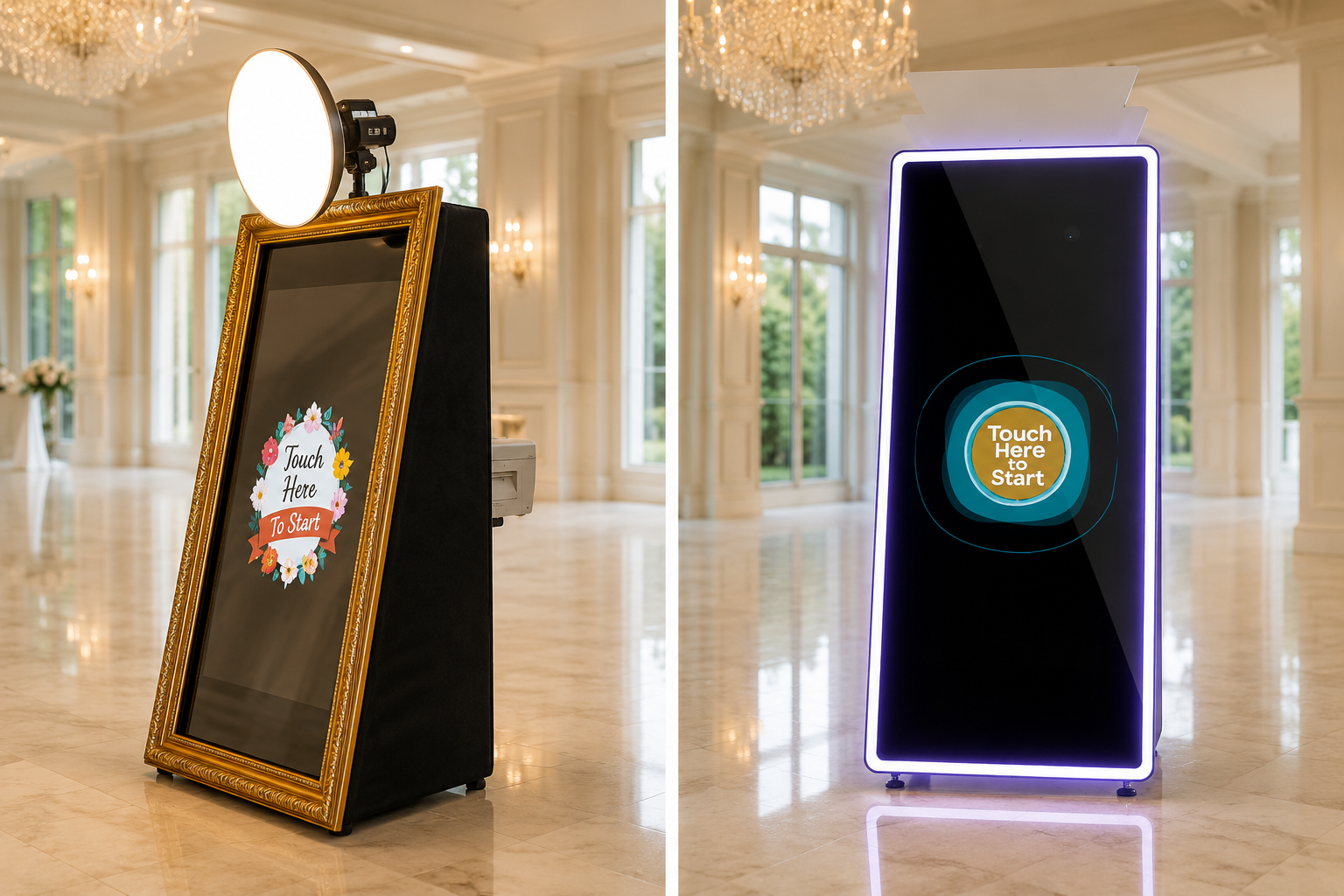 Mirror photo booth fully set up in a bright luxury ballroom
