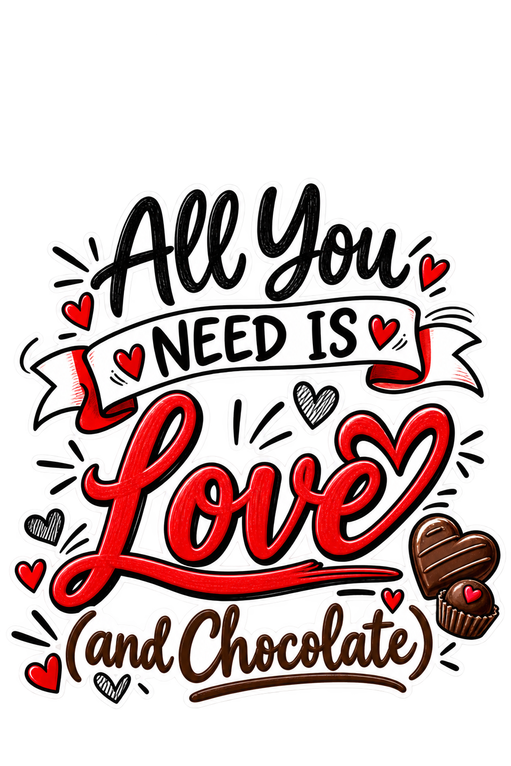 Valentine's Day festive text design reading 'All You Need is Love (and Chocolate)' with hand-lettered red script, ribbon banner, hearts and chocolate truffles